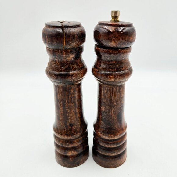 Wooden Salt Shaker And Pepper Mill Grinder Set Vintage 6” Read - Picture 6 of 12